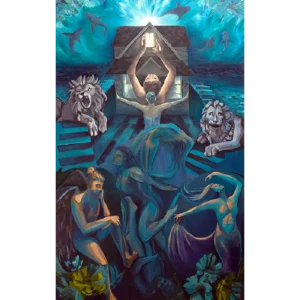 oil painting depicting a house and women underwater, with sharks and lions.